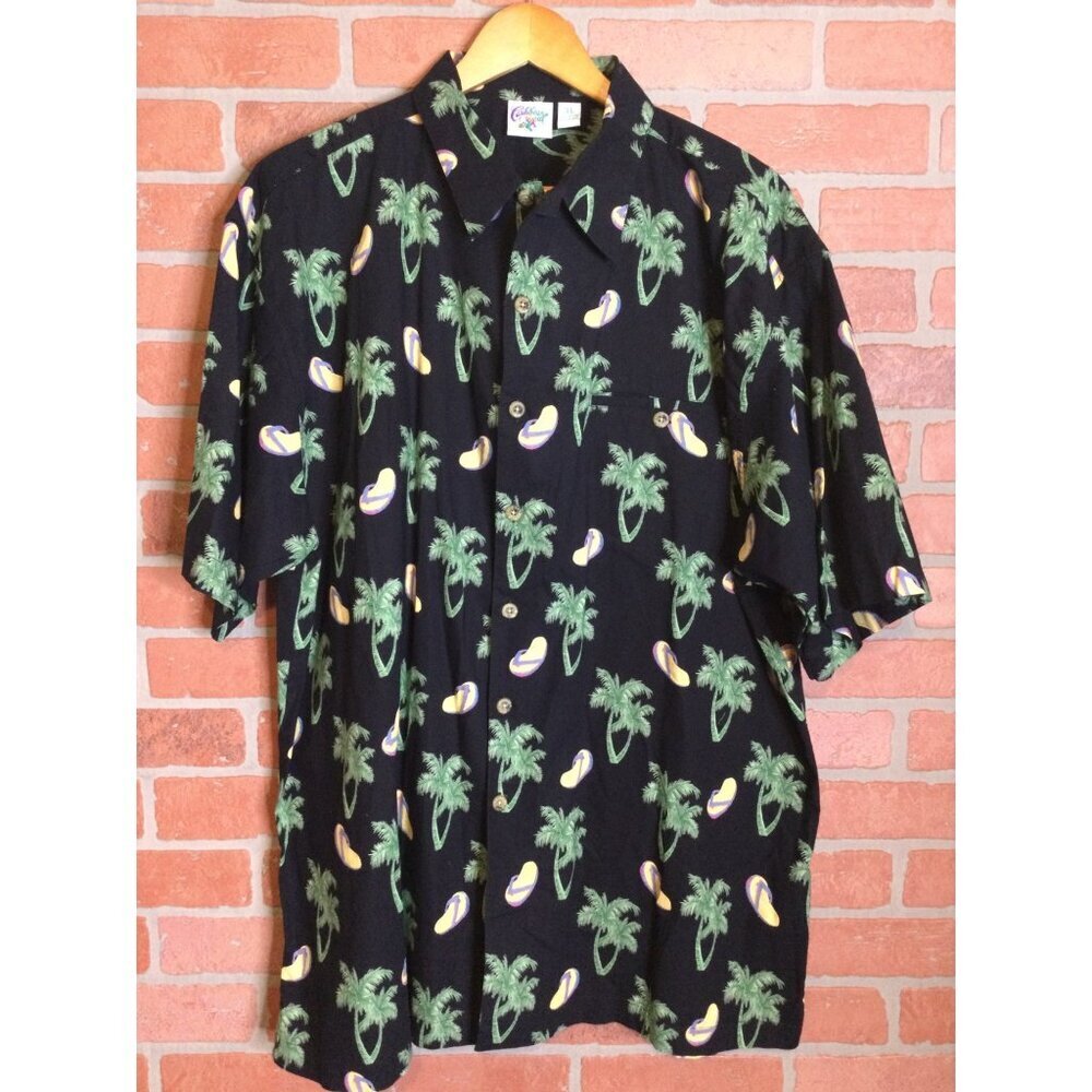 Caribbean Soul Mens Hawaiian Shirt Palm Trees Flip Flop Print Button Up Size XL